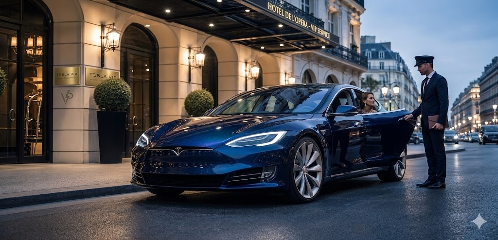 Tesla azul à porta do hotel